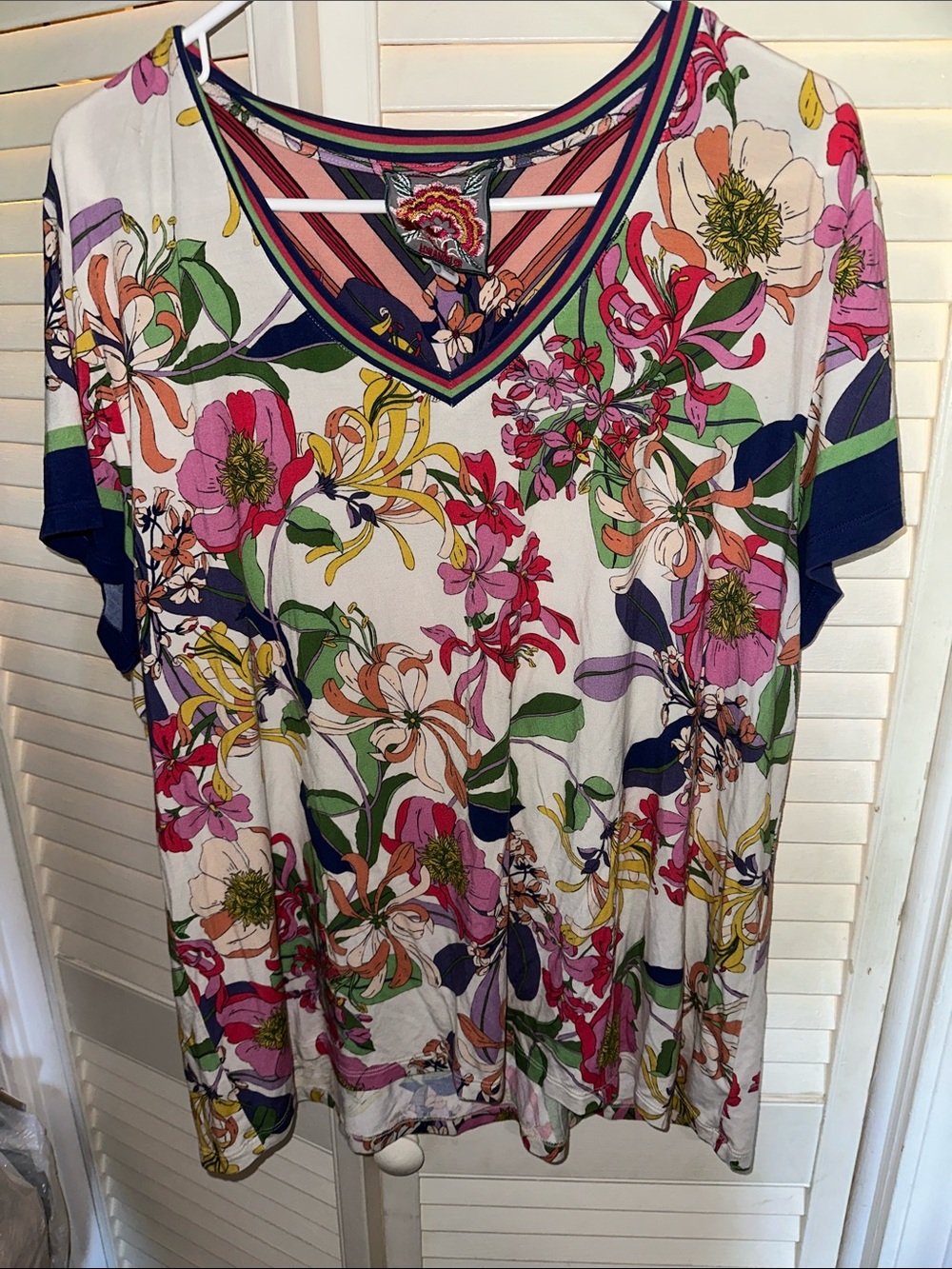 Johnny Was White Floral V-Neck Tee with Pink, Yellow, Green and Purple Print